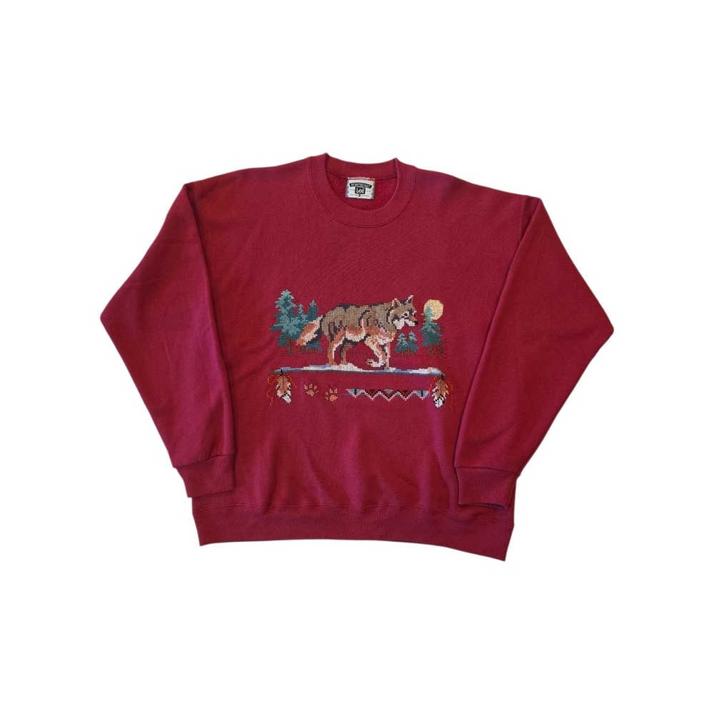 Vintage 90s Lee Wolf Sweatshirt XL USA Cross Stitch Southwest Native Outdoors